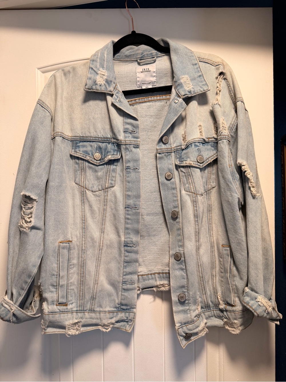 Oversized iris Light Blue Distressed Denim Jacket